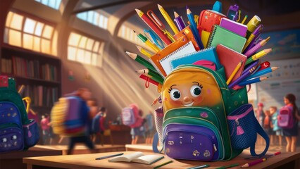 Fototapeta premium A cheerful, animated backpack filled with colorful school supplies, placed on a desk in a classroom with students in the background.