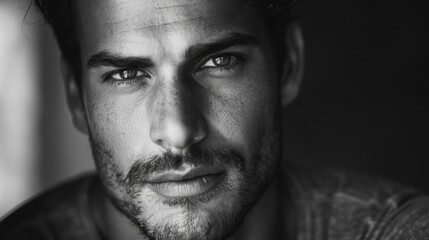 Fototapeta premium Artfully captured black and white portrait of a man with a pensive expression and attention to facial details