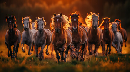 Obraz premium Horses running on meadow, sunrise or sunset, dawn or dusk, morning or evening. Wall Art Poster Print Design for Home Decor, Decoration Artwork, High Resolution Wallpaper & Background for Computer