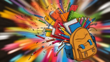  A vibrant illustration of school supplies, including notebooks, pencils, and pens, bursting out of an orange backpack, set against a dynamic multicolored background 