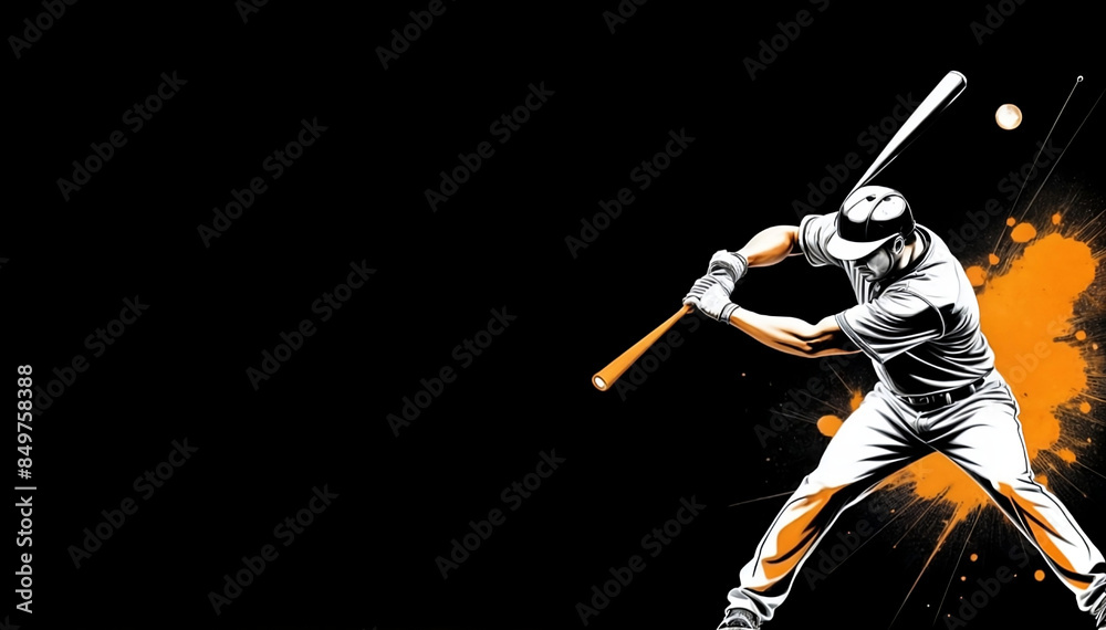 Fototapete Baseball player hitting ball banner on black background painting art with copy space area for text created with generative ai	