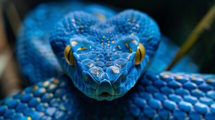 Fototapeta premium Macro photography showcases the electric blue scales and striking yellow eyes of a menacing viper snake