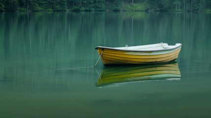 Naklejka premium A still, foggy lake setting with a yellow rowboat secured by a rope, reflecting on the misty water