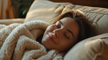 A woman lies on a sofa under a plush blanket, her comfort and leisure time showcased in a homely setting