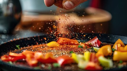 Close-up of a hand sprinkling a spice blend over a vibrant mix of vegetables in a cooking pan