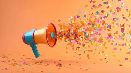 A megaphone disperses a vibrant explosion of confetti, symbolizing celebration or announcement on an orange background