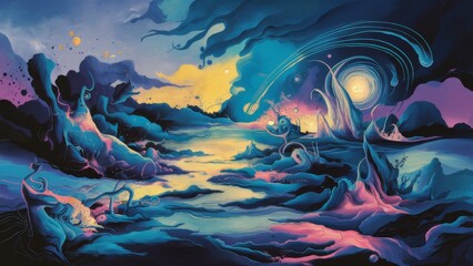 An abstract fantasy landscape painting featuring vibrant blues, purples, and yellows, depicting an otherworldly scene with surreal elements and cosmic imagery. 