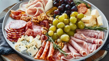 An appetizing charcuterie board is laid out with diverse selections of cured meats, cheese, and fresh fruit, ideal for entertaining