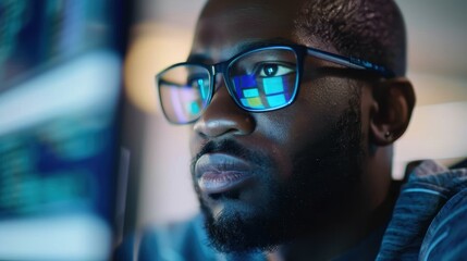 A focused man is working on a computer, glasses reflecting screen light, concentrating intently