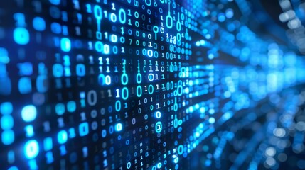 A close-up image of binary code in glowing blue representing data, cybersecurity, or information technology