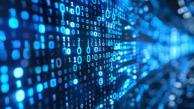 A close-up image of binary code in glowing blue representing data, cybersecurity, or information technology