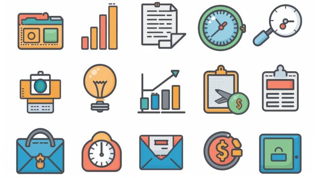 Various colorful business and office related flat design icons on a light background