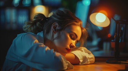 Obraz premium The person appears to be exhausted or contemplating, resting their head on their arms at a desk in low light