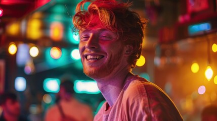 A person is featured against a vibrant background with neon bar lights, creating a lively atmosphere