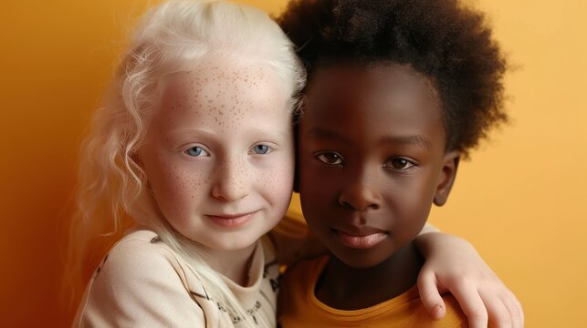Two children with contrasting hair and skin colors pose together, conveying a message of harmony and diversity