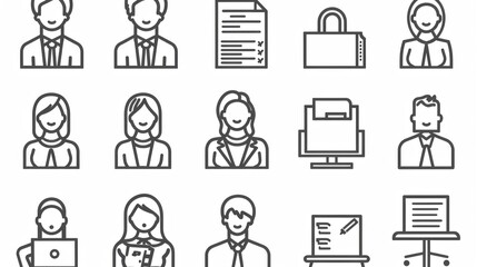Illustration of various business and office-related icons in a simple line-art style
