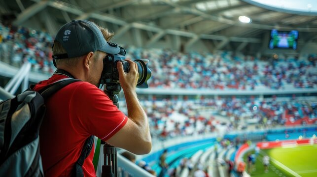Fototapeta Photographer with a camera capturing live action at a sports event in a stadium with spectators