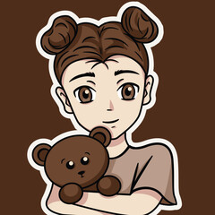 Girl in anime style with teddy bear, vector illustration, sticker