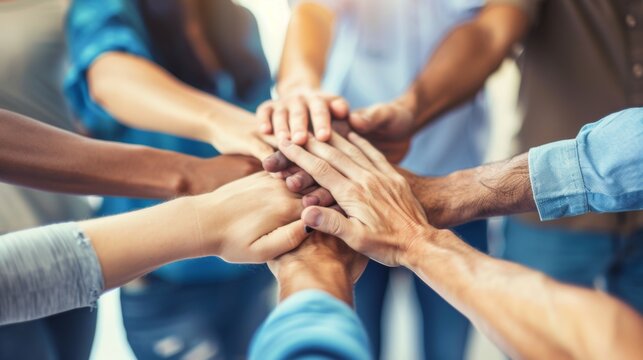 View from above of a group of diverse hands stacked together in a gesture of unity and teamwork