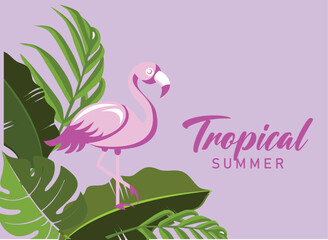 Flamingo background design, tropical leaves and flowers in the background