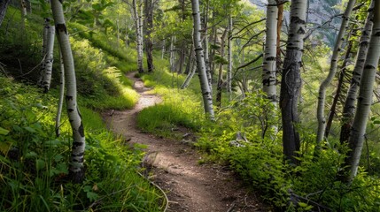 Fototapeta premium A trail heading uphill through woodland