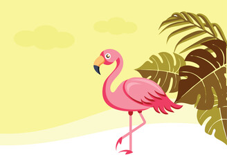 Flamingo background design, tropical leaves and flowers in the background