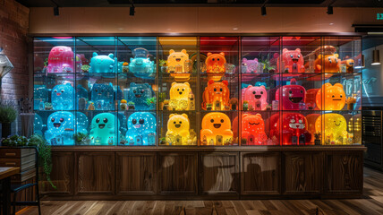 Fototapeta premium long open cabinet with emoji sculpture toys in each box frame backlit from behind in colorful lights.generative ai