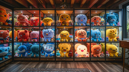 long open cabinet with emoji sculpture toys in each box frame backlit from behind in colorful lights.generative ai