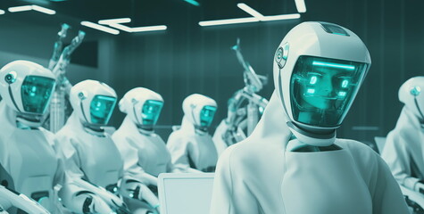 A group of robots stands in a room decorated in a green and blue color scheme. The robots are dressed in white suits and helmets. The scene is futuristic and technological