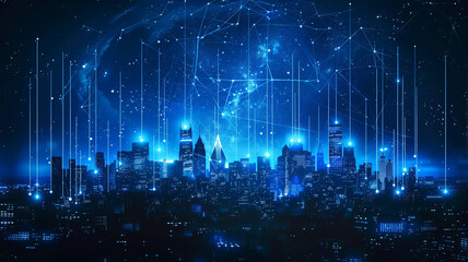 communication and network connection concept, a city skyline with jumping network lines illustated.generative ai