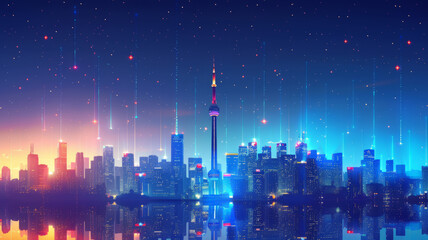 communication and network connection concept, a city skyline with jumping network lines illustated.generative ai