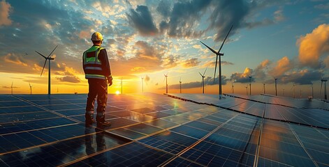 Worker Surveys a Field of Solar Panels and Wind Turbines at Sunset