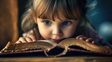 Close up of attractive child reading a book while looking at camera. Elementary student holding fairy tale novel book or bedtime stories with blurring background. Creative activity concept. AIG42. © InfiniteFlow