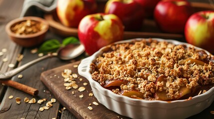 Apple Crisp: A dessert with a crunchy oat topping and baked apples.