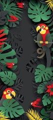 digital mockup featuring vibrant, papercut parrots nestled amongst a lush, green tropical foliage. The dark background offers a striking contrast to the colorful parrots.