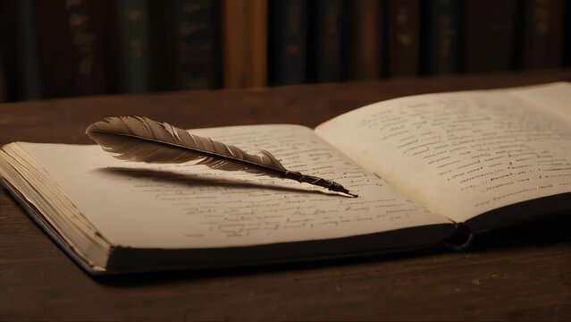 A single, glowing quill that writes, in a library