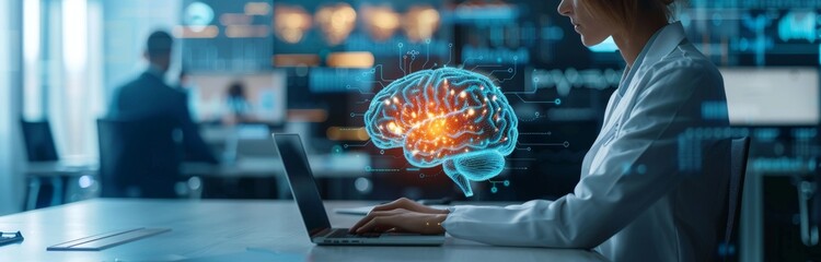 Digital collage of medical icons and brain overlay in futuristic technology setting