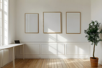 A modern home simple interior design with empty frames on the wall, clean environment, a modern look using off white color paint for everything including furniture, others arrange according to vastu