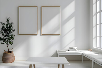 A modern home interior with frames on the wall, simple interior design with clean environment, a modern look using white color paint for everything including furniture, wall of the living room,