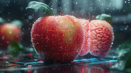 Apple morphing into a brain with lifelike textures, vibrant colors, and digital elements, symbolizing .generative ai