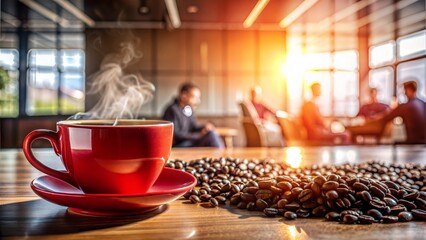 A red coffee cup is placed on the work table and surrounded by an array of coffee beans with sunlight shining on it and there is steam from the coffee cup with a blurred background of an office room a