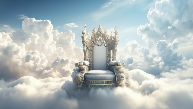 Ancient throne in the sky among the clouds, heaven concept, fluffy white clouds and blue sky, king throne