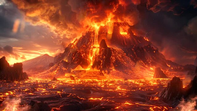 Looping time-lapse animation of volcanic eruption with flowing lava and hot clouds