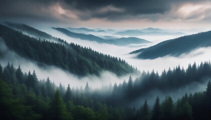 Dark forest in haze landscape Mountain forest in clouds landscape. Misty Fantastic forest landscape. Foggy mountain forest landscape  created with generative ai