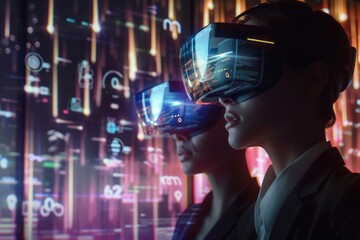 Skilled business people wearing VR glasses while planning strategy. Skilled project manager analyzing marketing data while talking and checking at financial plan.Technology innovation concept. AIG42.