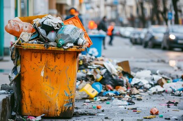 Fototapeta premium Messy Trash Bin Spilled Everywhere
