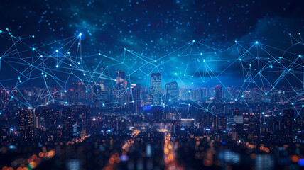 Obraz premium communication and network connection concept, a city skyline with jumping network lines illustated.generative ai