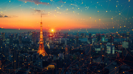 Obraz premium communication and network connection concept, a city skyline with jumping network lines illustated.generative ai