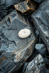 A single, perfectly round pebble among jagged rocks 