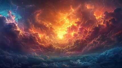 Fototapeta premium A captivating scene of a stormy sky with dense, angry clouds boiling with fury, bright lightning bolts illuminating the darkness, torrential rain, and a serene rainbow stretching across, blending